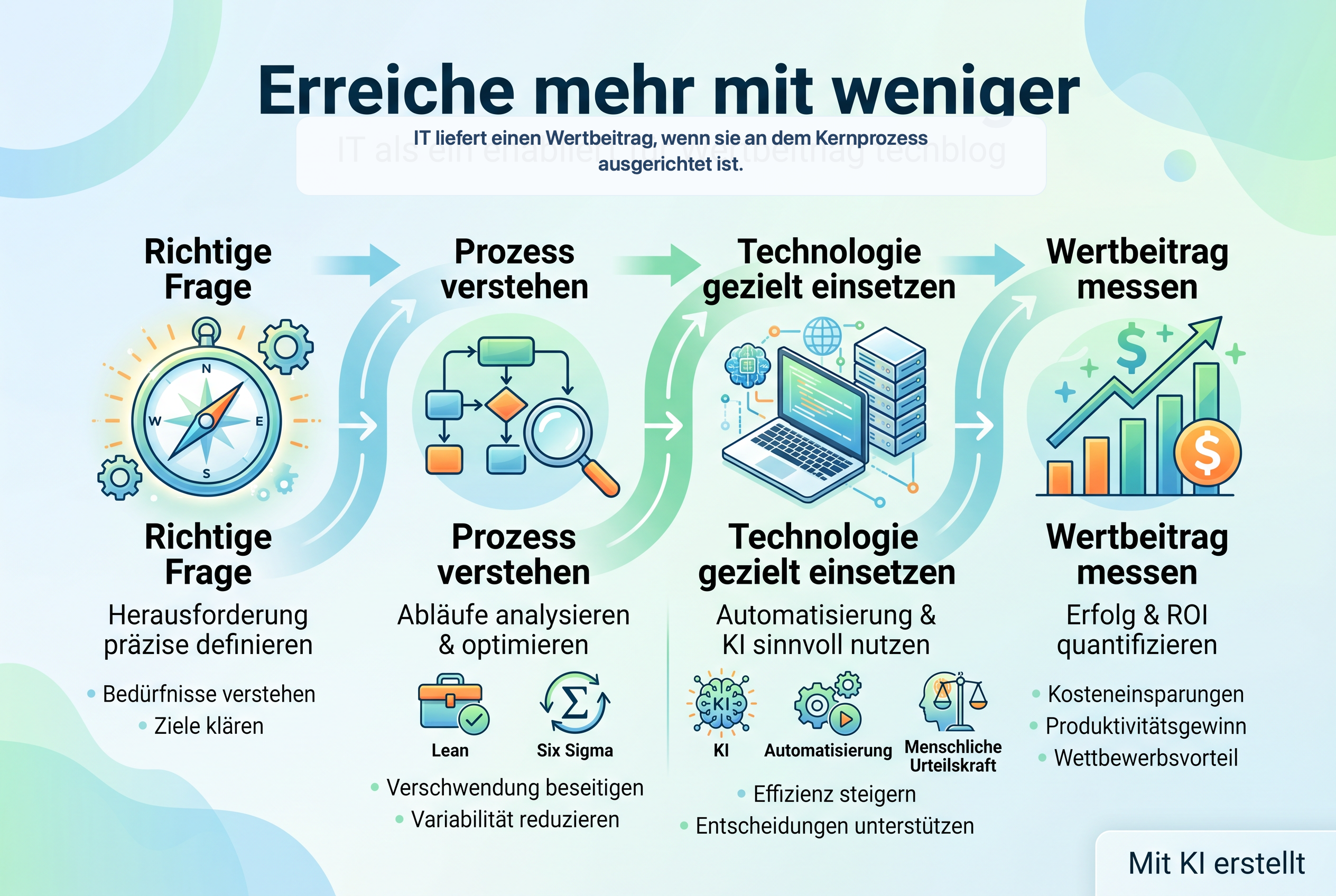 Infografik: Erreiche mehr mit weniger – IT liefert einen Wertbeitrag, wenn sie an dem Kernprozess ausgerichtet ist. Mit KI erstellt.