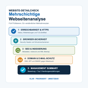 Infografik zur mehrschichtigen Webseitenanalyse: HTTPS, Browser-Sicherheit, SEO, Domain- und E-Mail-Schutz sowie Management Summary
